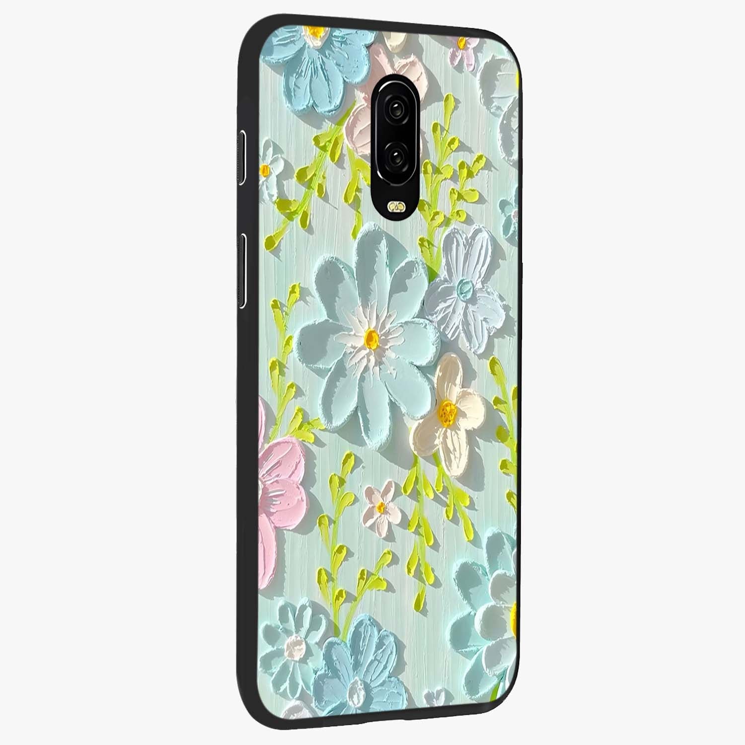 Frosted Petal Garden Glass Case upright view showcasing elegant floral garden artwork with soothing pastel theme.