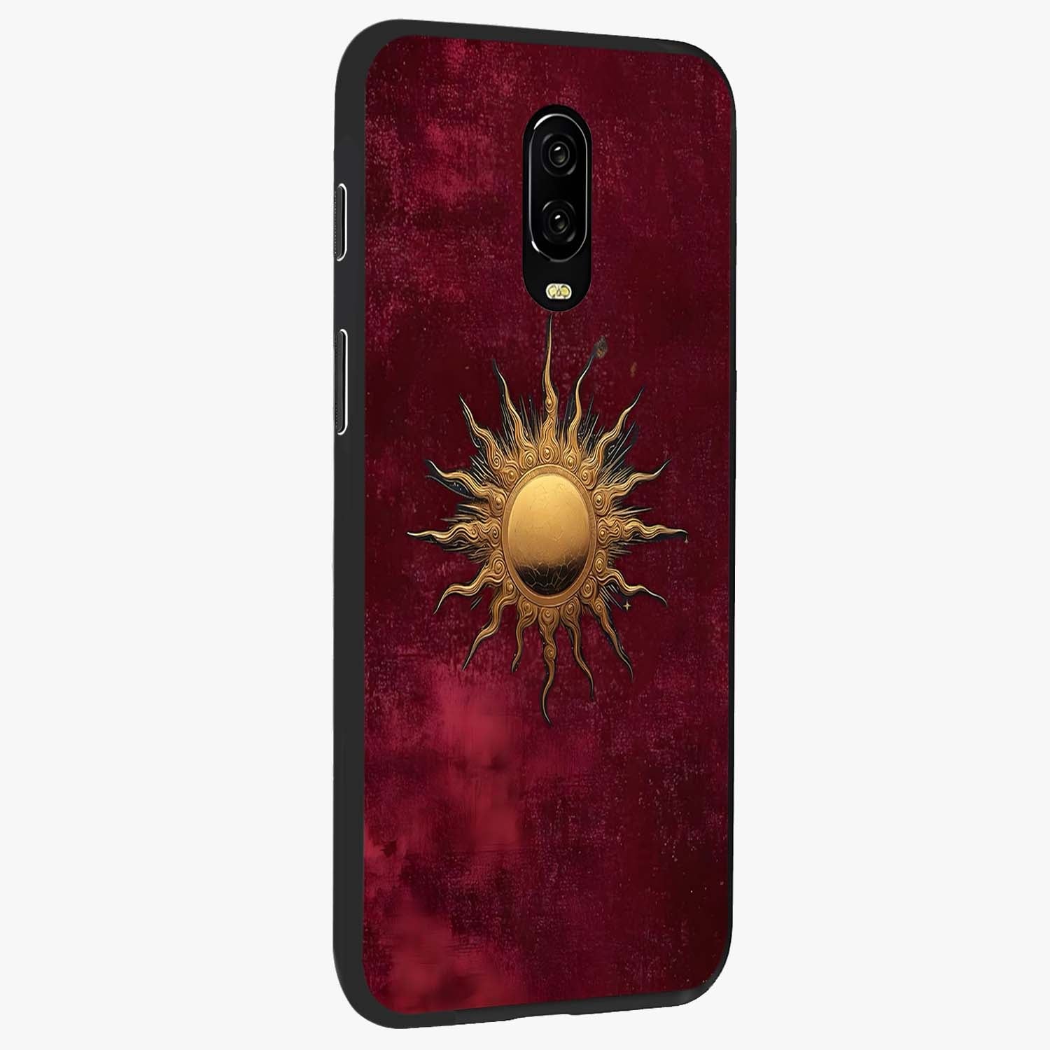 Golden Sun Minimalism Glass Case upright view showcasing simple golden sun artwork with elegant minimalist style.
