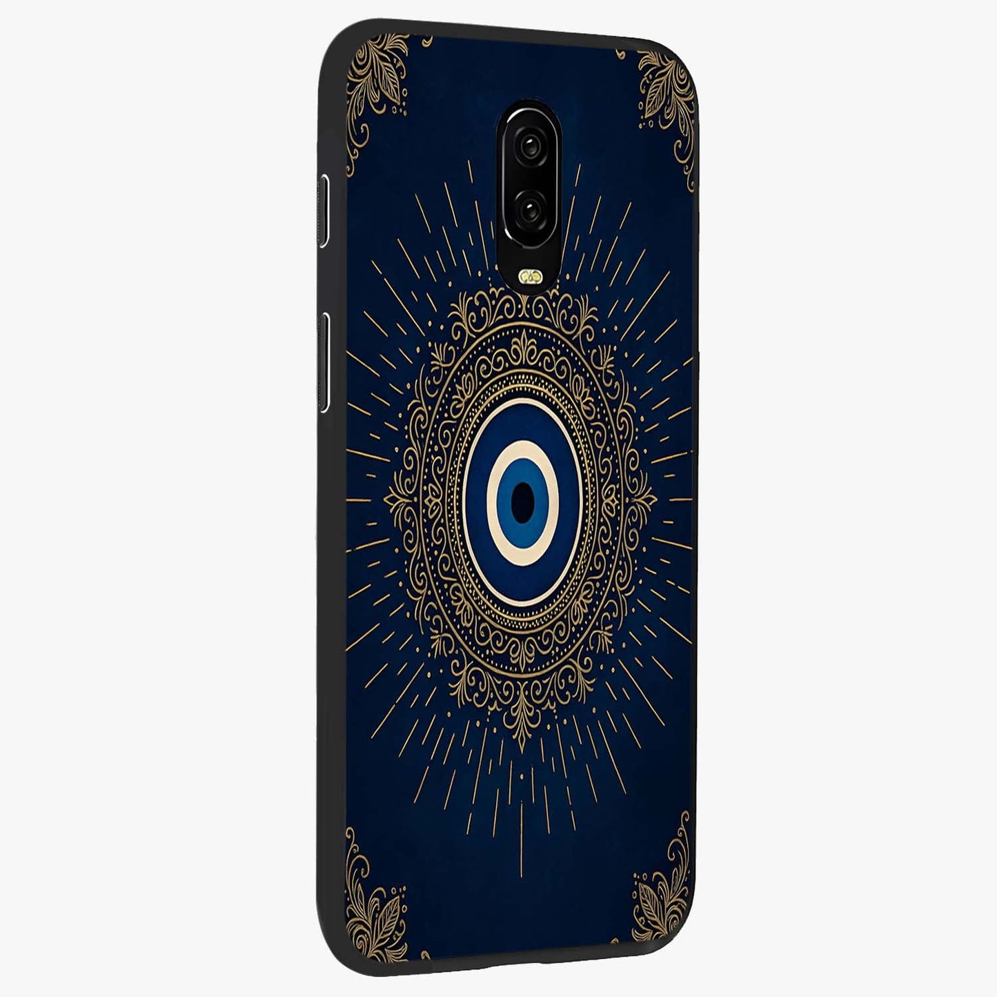 Golden Evil Eye Mandala Glass Case upright view showcasing decorative evil eye mandala artwork with spiritual aesthetic style.