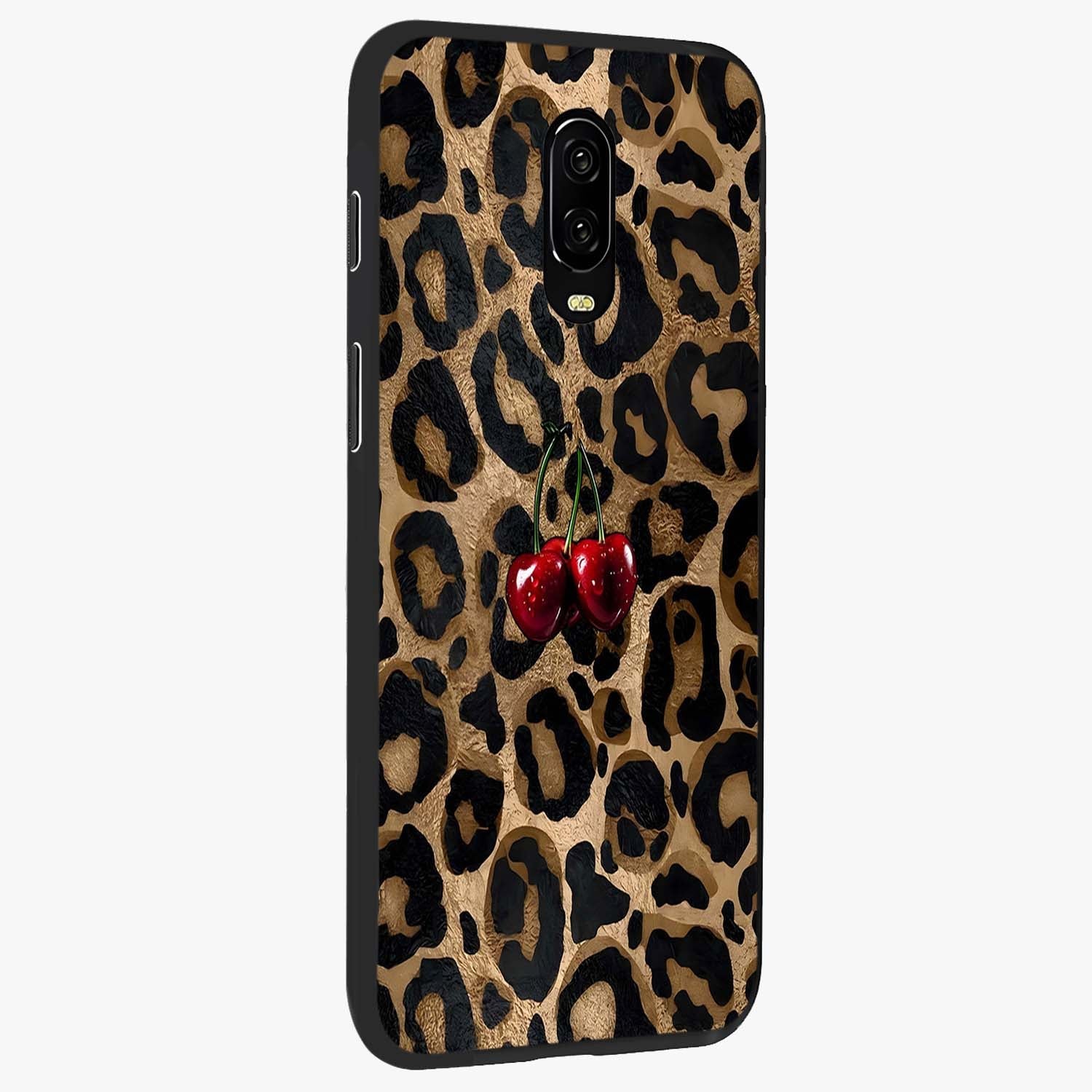 Leopard Wild Cherry Glass Case upright view showcasing stylish leopard pattern artwork with trendy fashion theme.