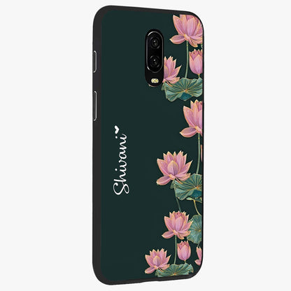 Lotus Bloom Serenity Custom Name Glass Case upright view showcasing serene lotus bloom artwork with personalized floral aesthetic.