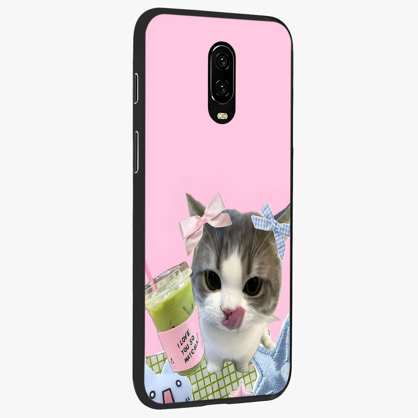 Love Matcha Cat Glass Case upright view showcasing adorable cat artwork with charming matcha themed design.