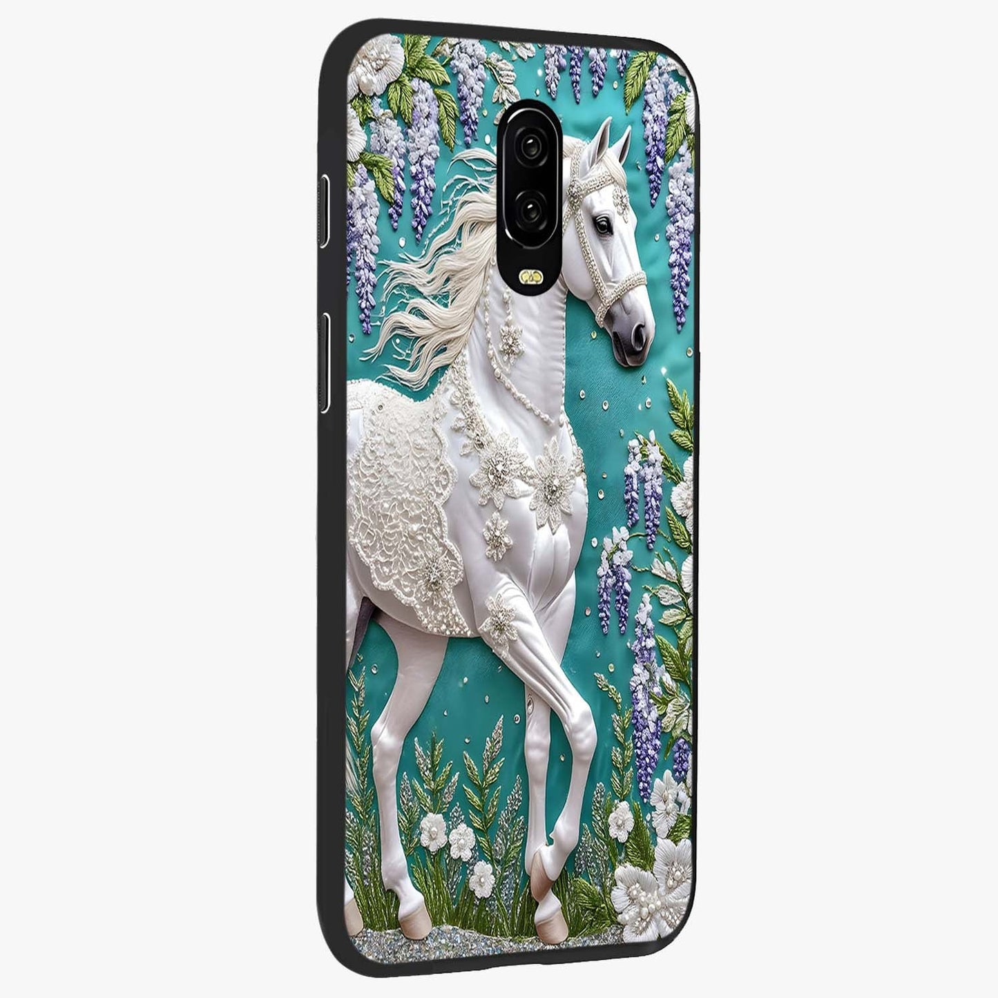 Majestic Floral Stallion Glass Case upright view showcasing dramatic horse artwork with decorative floral theme.