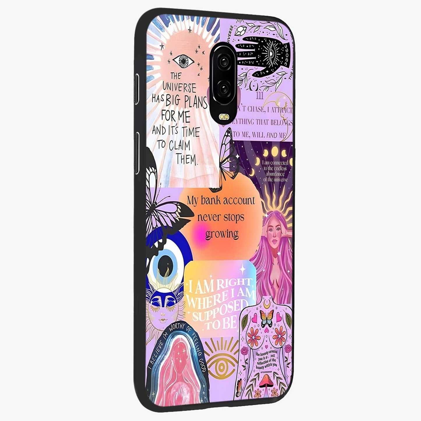 Manifestation Collage Glass Case upright view showcasing artistic manifestation themed artwork with creative style.