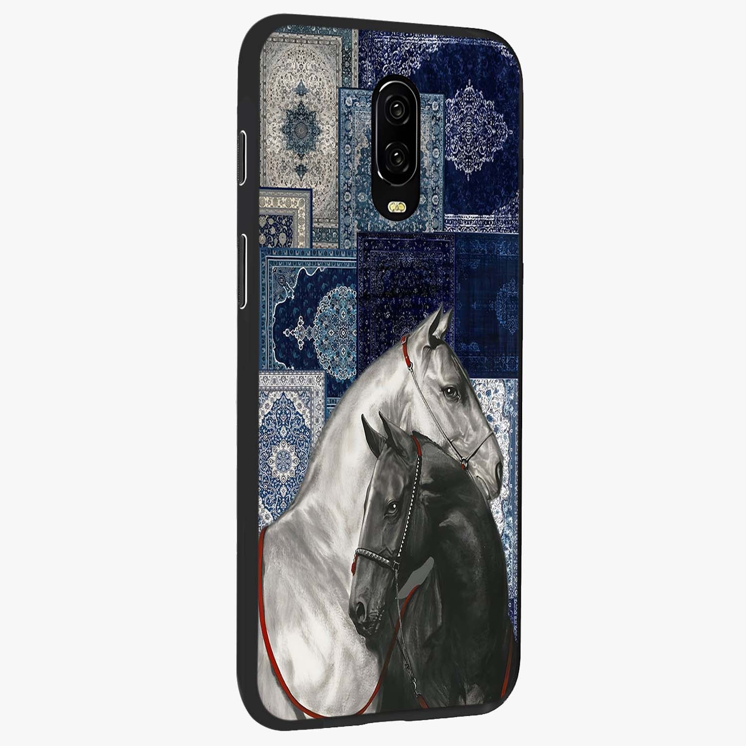 Midnight Stallion Blues Glass Case upright view showcasing dramatic horse artwork with bold artistic theme.