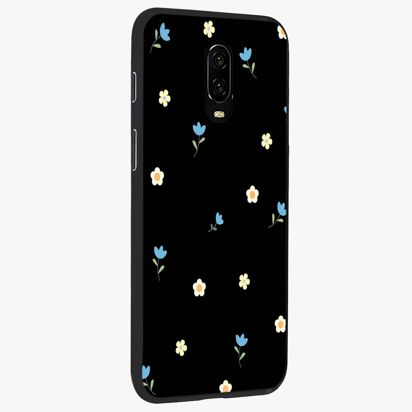 Minimalistic Blue With White Flower Pattern Glass Case upright view showcasing clean white flower artwork with calming blue theme.
