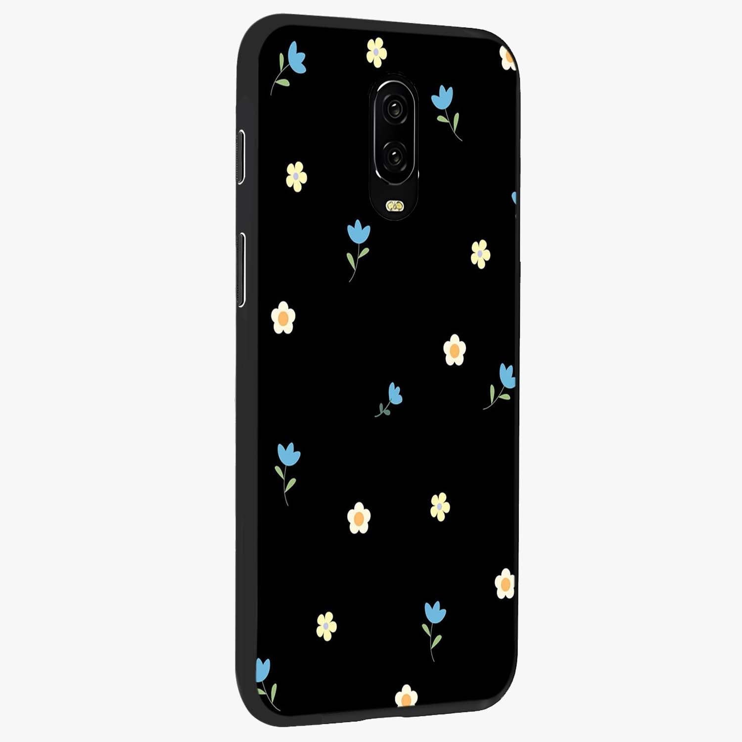 Minimalistic Blue With White Flower Pattern Glass Case upright view showcasing clean white flower artwork with calming blue theme.