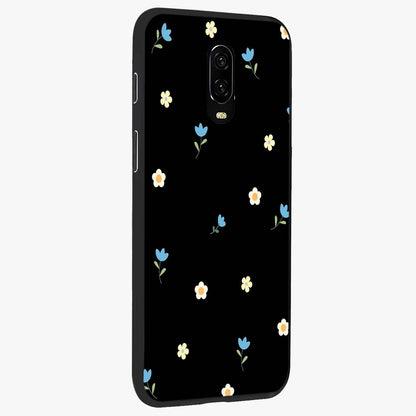 Minimalistic Blue With White Flower Pattern Glass Case upright view showcasing clean white flower artwork with calming blue theme.