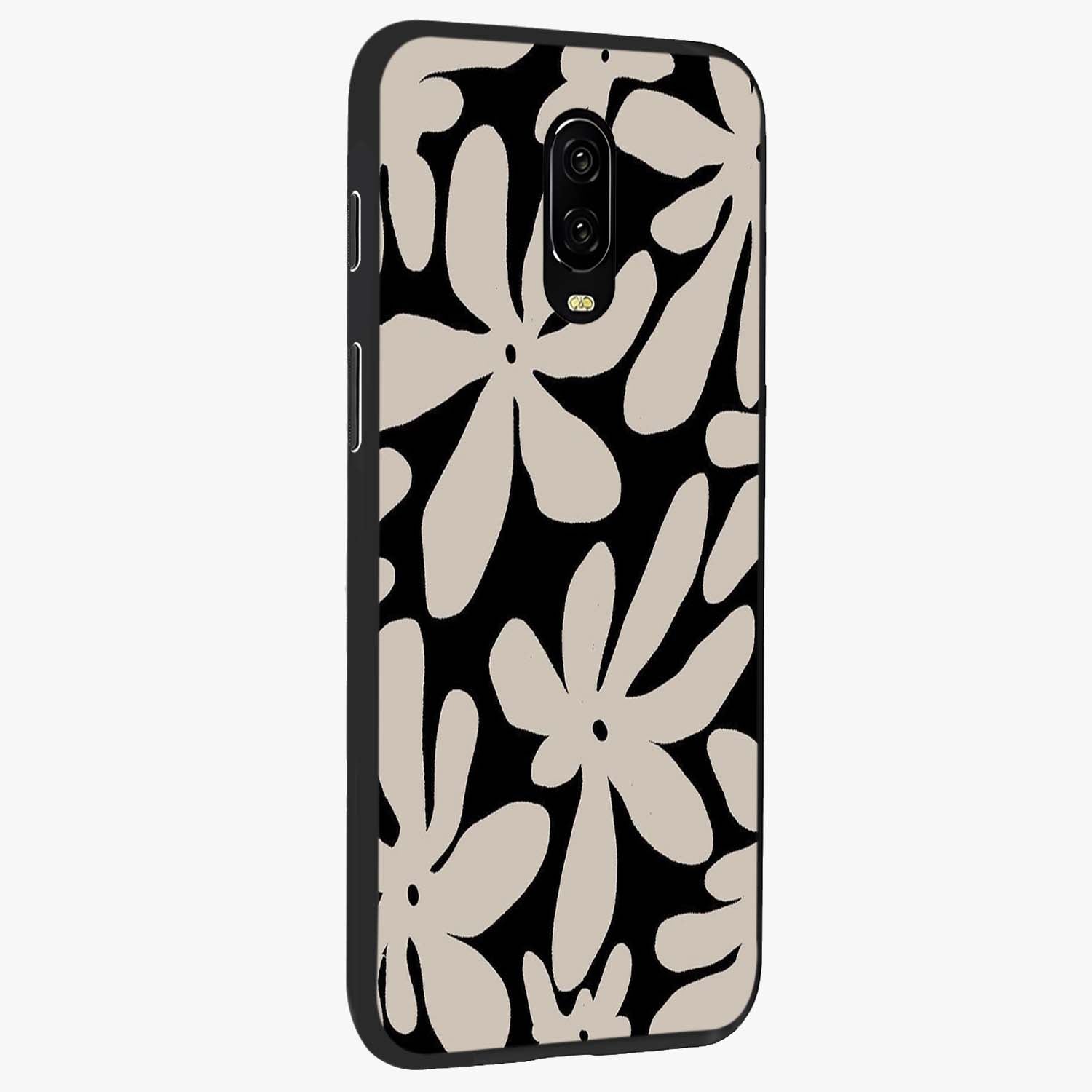 Monochrome Petal Dance Glass Case upright view showcasing artistic floral pattern with stylish monochrome theme.