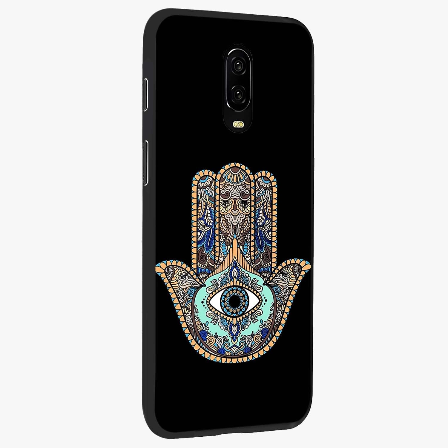 Mystic Hamsa Eye Glass Case upright view showcasing detailed hamsa eye artwork with protective spiritual theme.