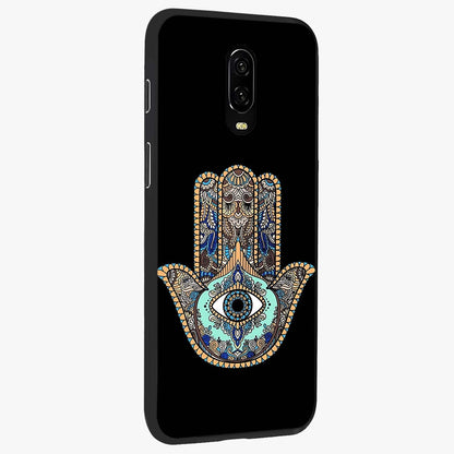 Mystic Hamsa Eye Glass Case upright view showcasing detailed hamsa eye artwork with protective spiritual theme.