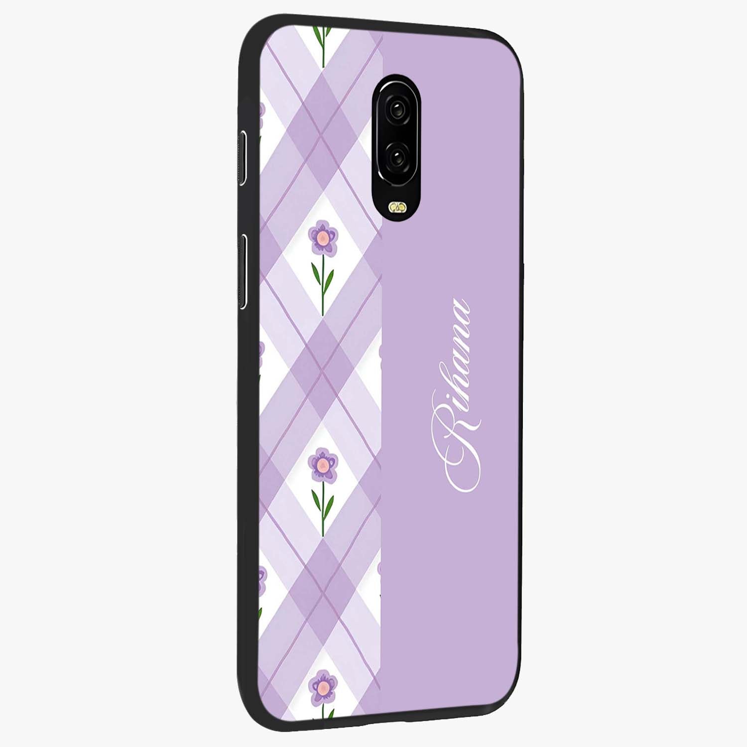Purple Diamond Floral Glass Case upright view showcasing vibrant floral artwork with stylish geometric theme.
