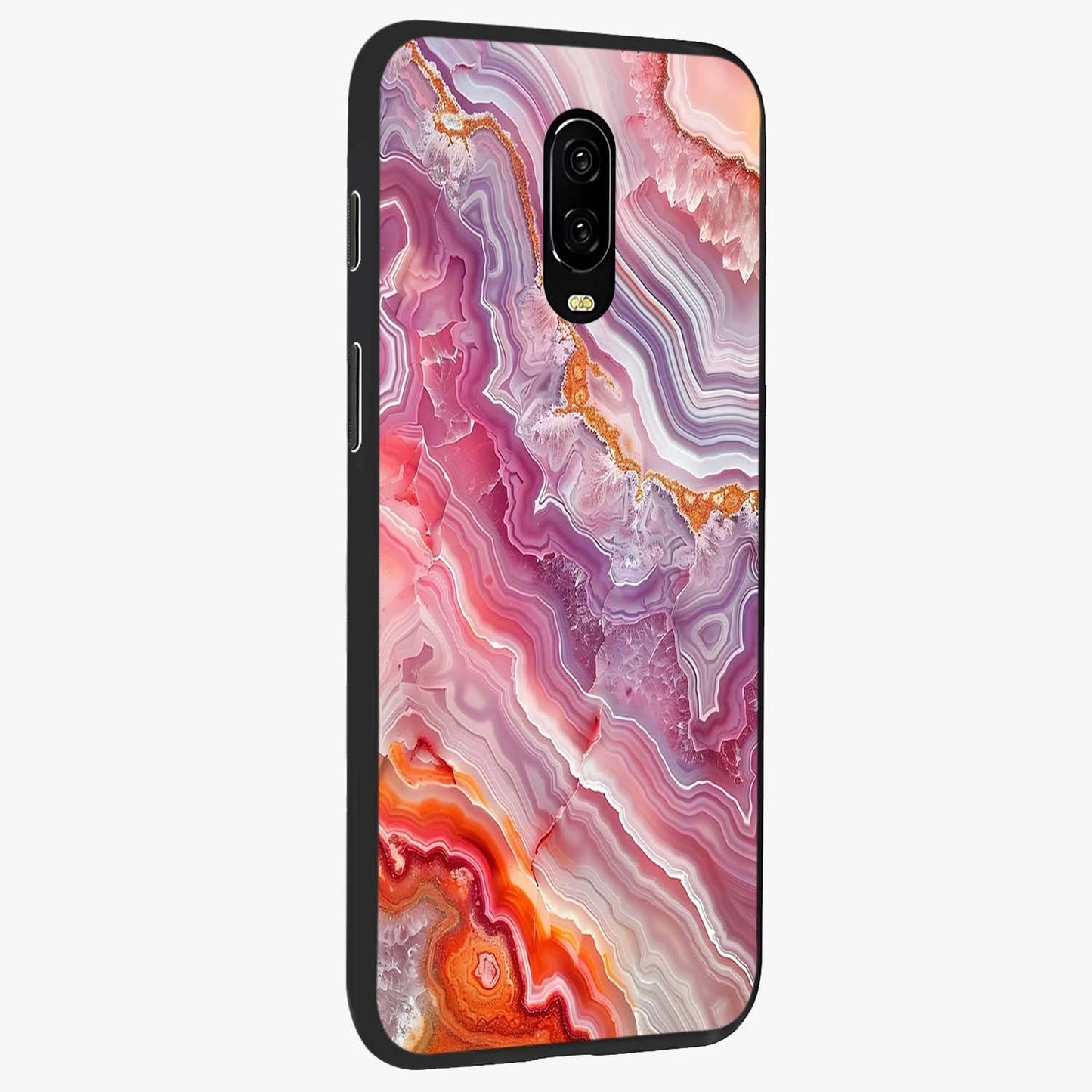 Rose Quartz Marble Glass Case upright view showcasing decorative marble artwork with luxurious pastel theme.