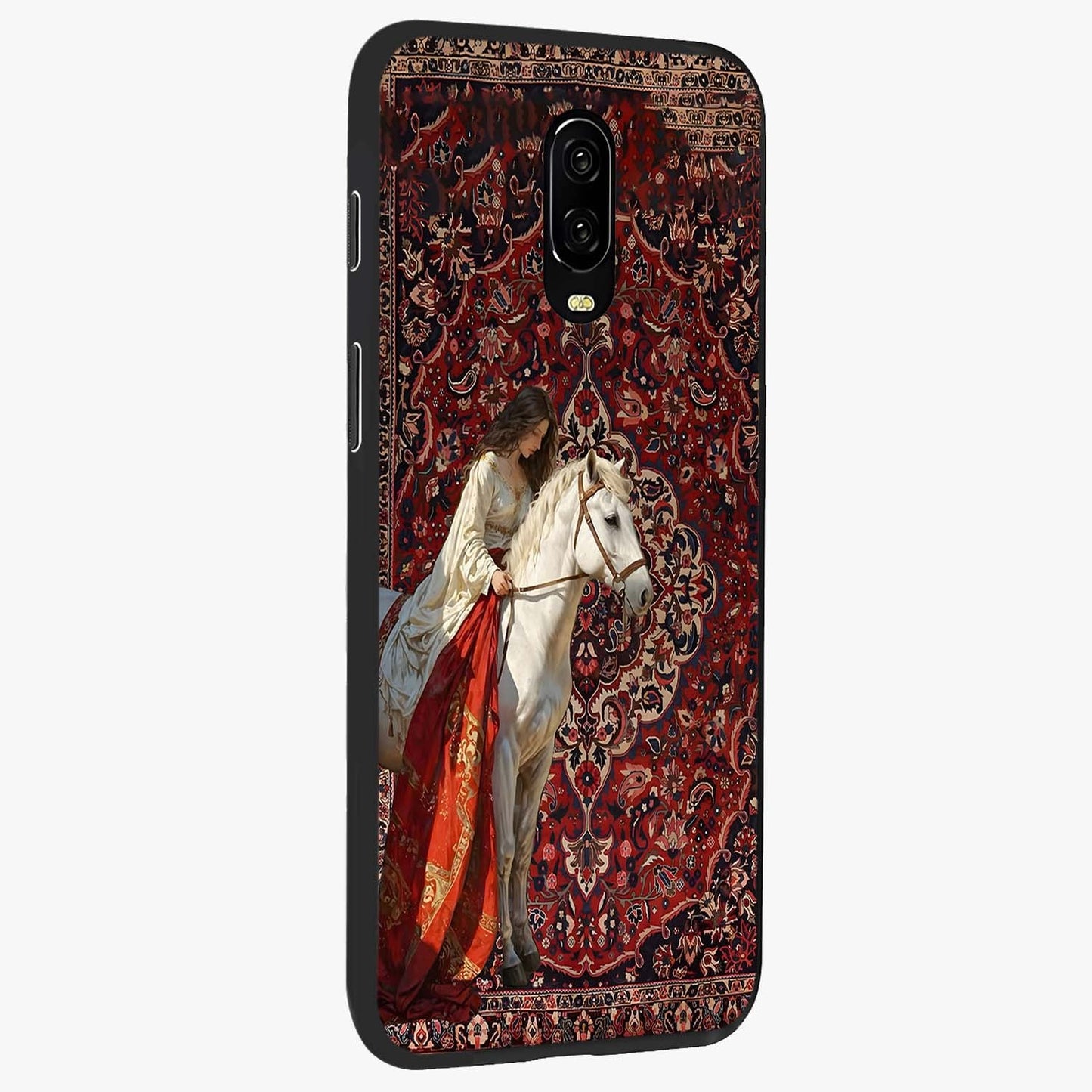 Royal Rider Tapestry Glass Case upright view showcasing detailed rider artwork with classic tapestry theme.