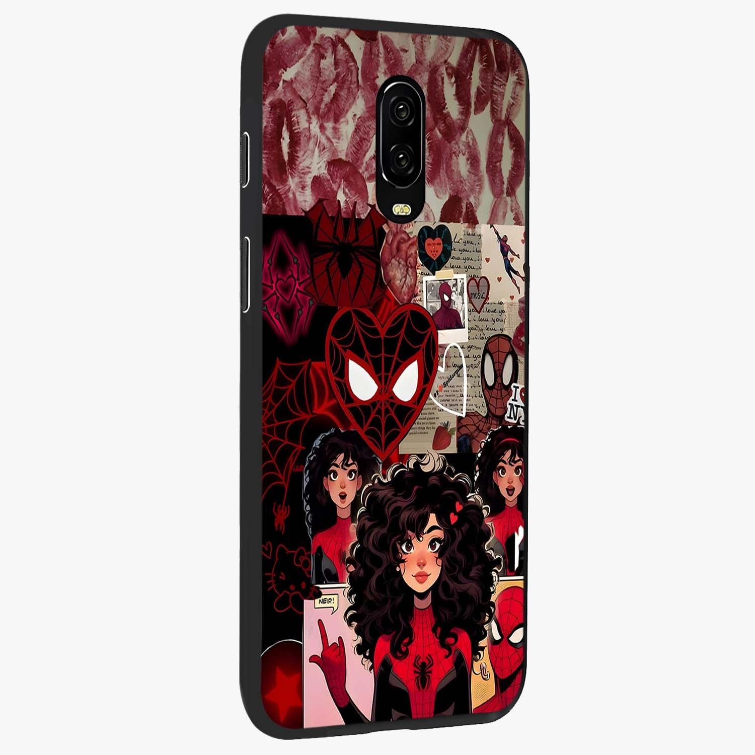 Spider Love Story Glass Case upright view showcasing charming superhero artwork with romantic comic theme.