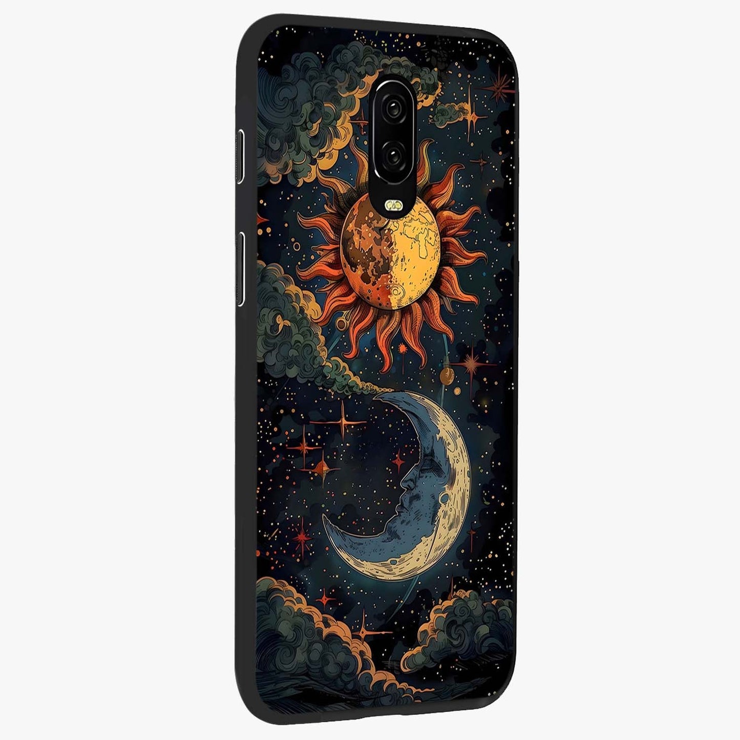 Sun And Moon Magic Design Glass Case upright view showcasing decorative sun and moon artwork with spiritual celestial theme.