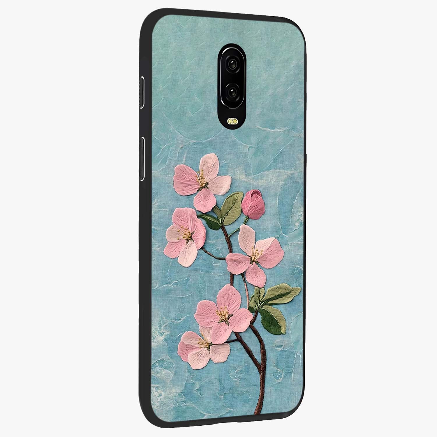 Threaded Blossom Breeze Glass Case upright view showcasing graceful flower artwork with calm botanical theme.