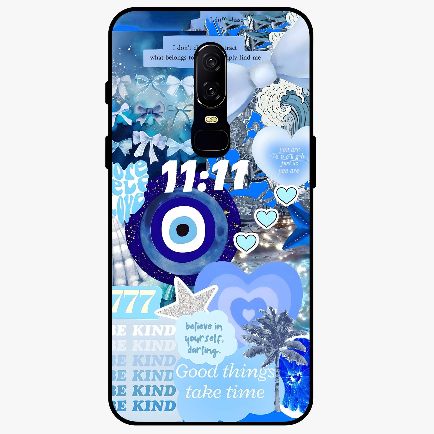 Aesthetic Be Kind Eye Glass Case showing flat back view with motivational eye artwork and glossy glass finish.