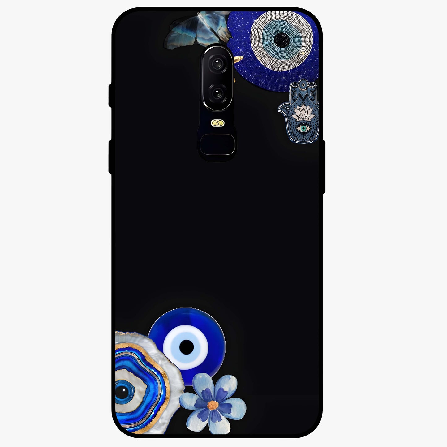 Aesthetic Blue Evil Eye Glass Case showing flat back view with protective evil eye artwork and glossy glass finish.