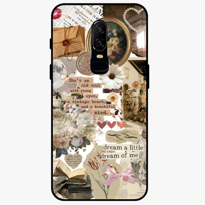 Aesthetic Brown Vintage Collage Glass Case showing flat back view with retro collage artwork and glossy glass finish.