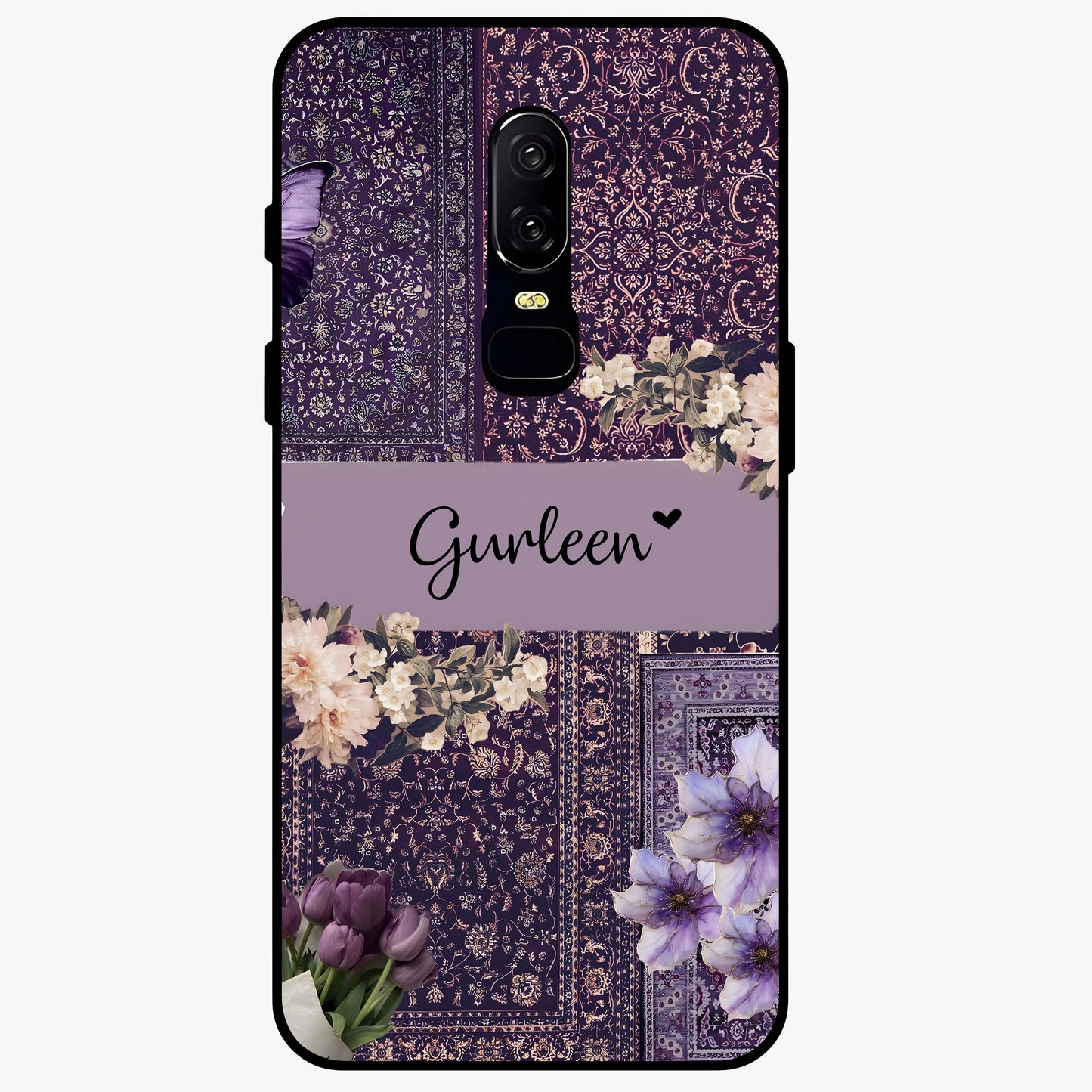 Antique Floral Whisper Custom Name Glass Case showing flat back view with vintage floral artwork and personalized name design.