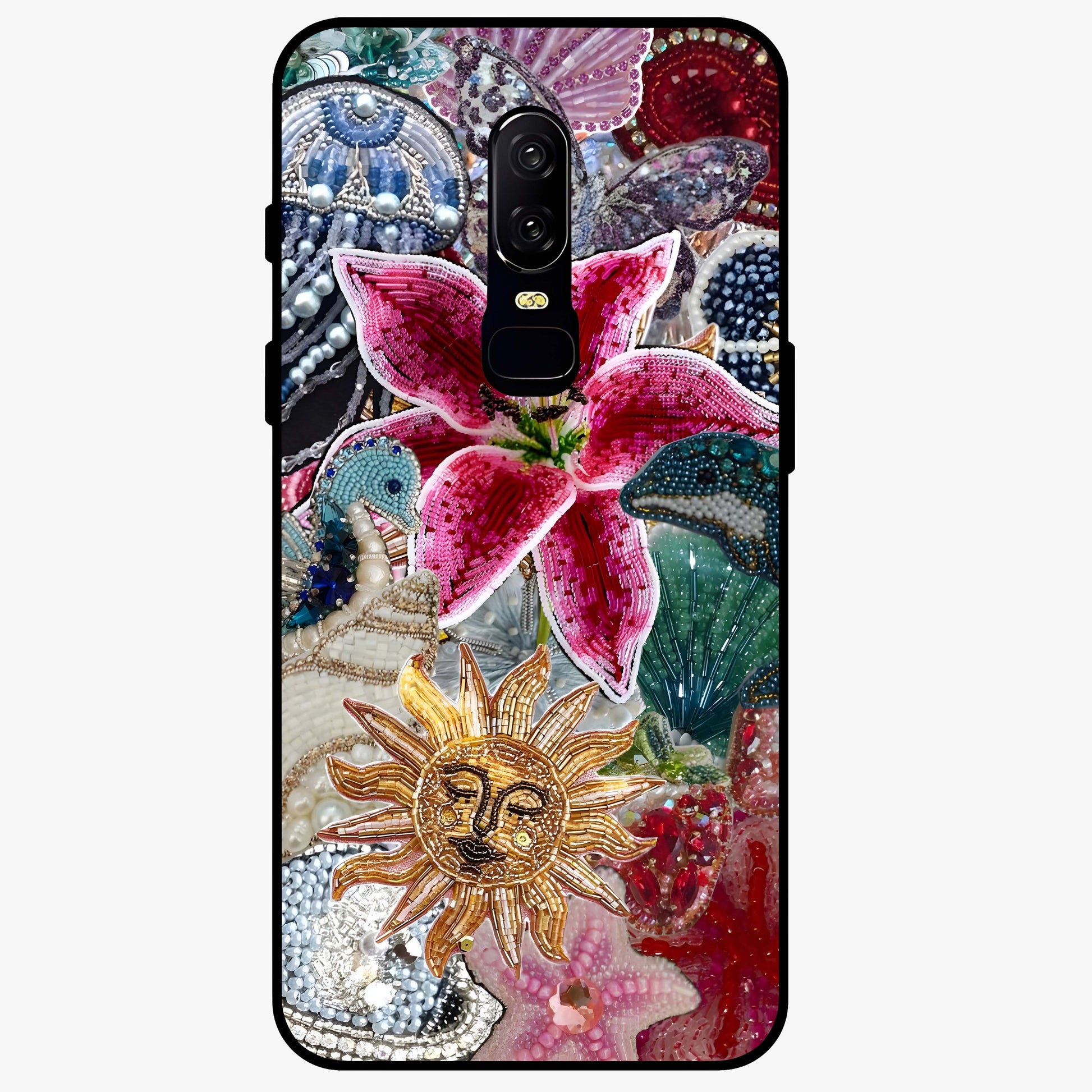 Beaded Garden Fantasy Glass Case showing flat back view with dreamy garden bead artwork and glossy glass finish.