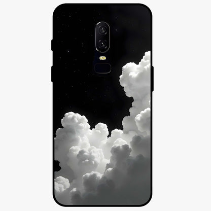 Black Background With White Cloud Glass Case showing flat back view with minimal cloud artwork on dark background and glossy glass finish.