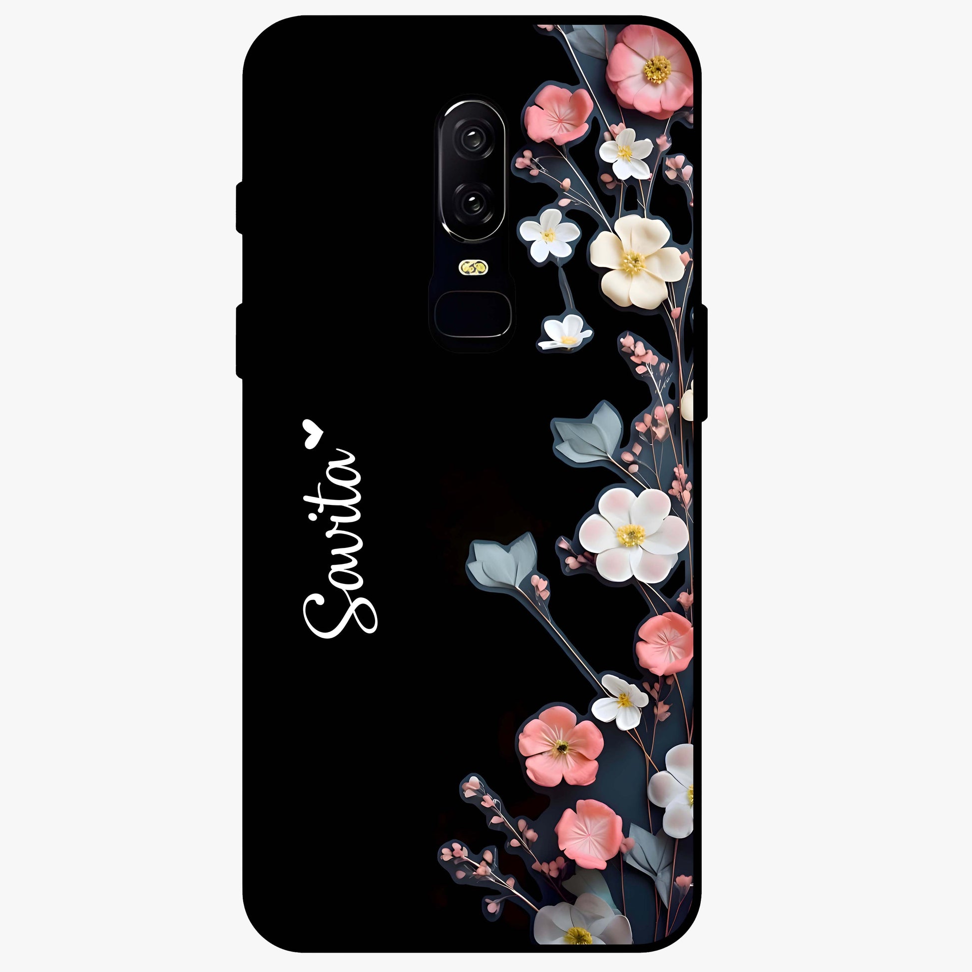 Black Elegance Floral Custom Name Glass Case showing flat back view with elegant floral artwork and personalized name design.