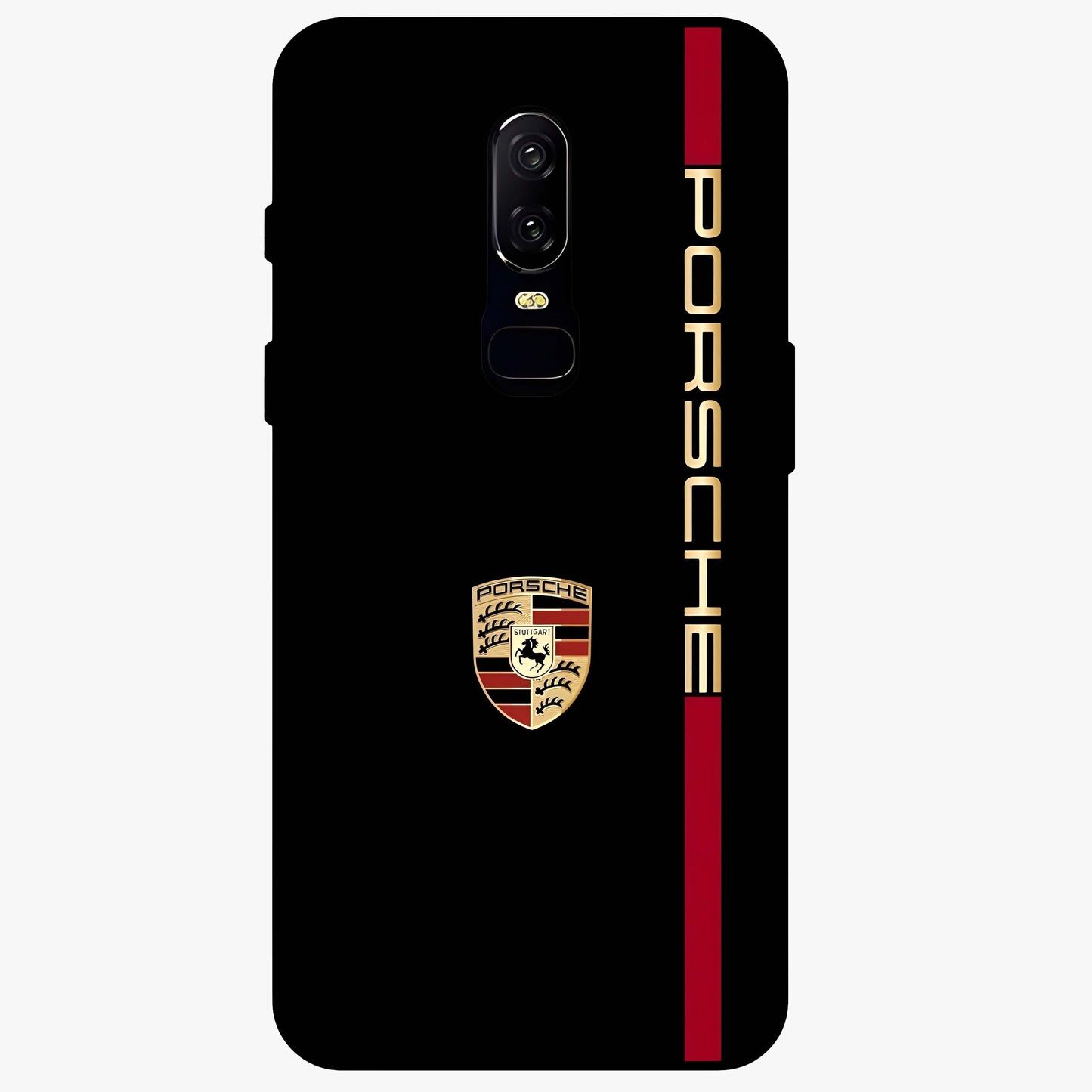 Black Minimal Porsche Glass Case showing flat back view with sleek minimal sports car artwork and glossy glass finish.