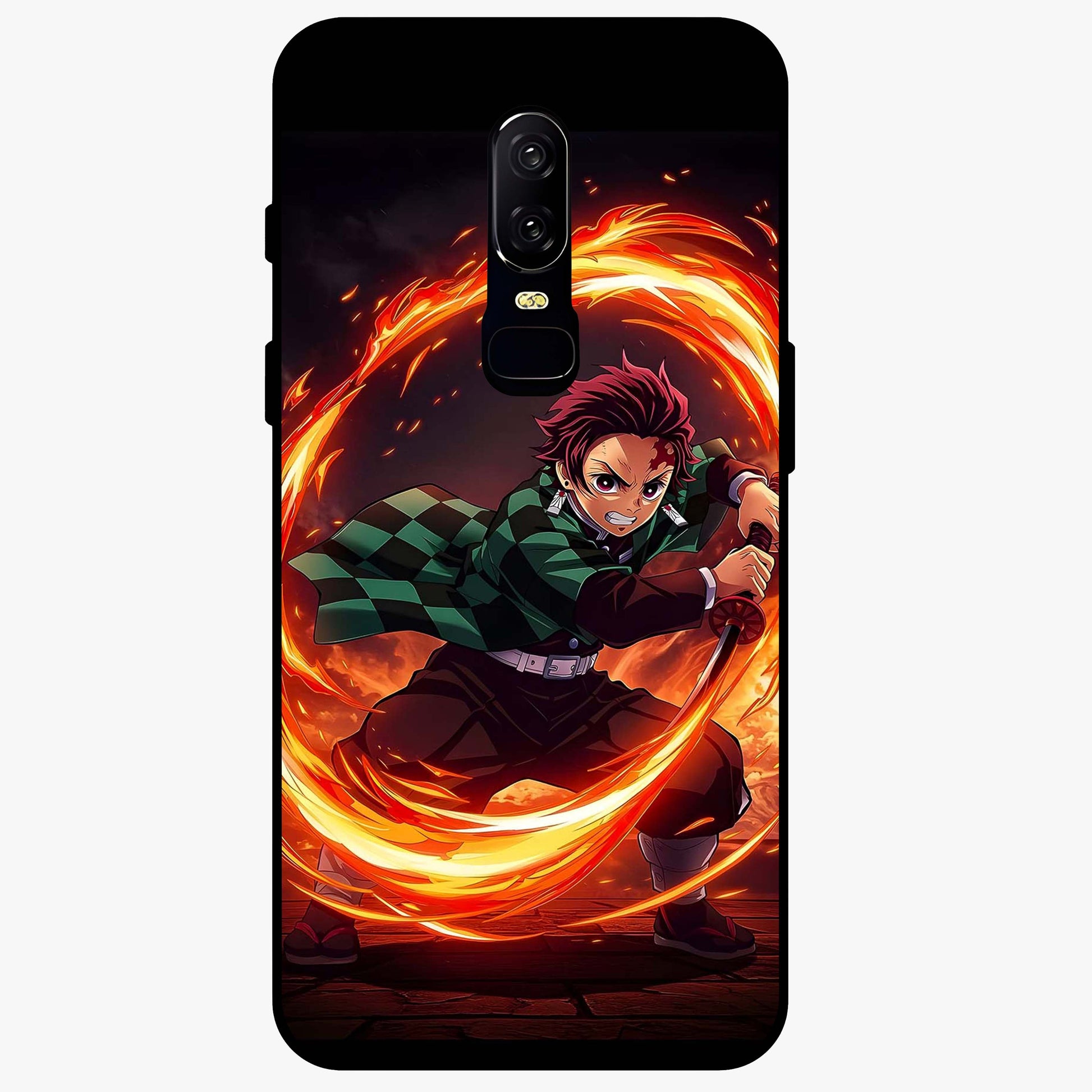 Blazing Sword Resolve Glass Case showing flat back view with fiery sword artwork and glossy glass finish.