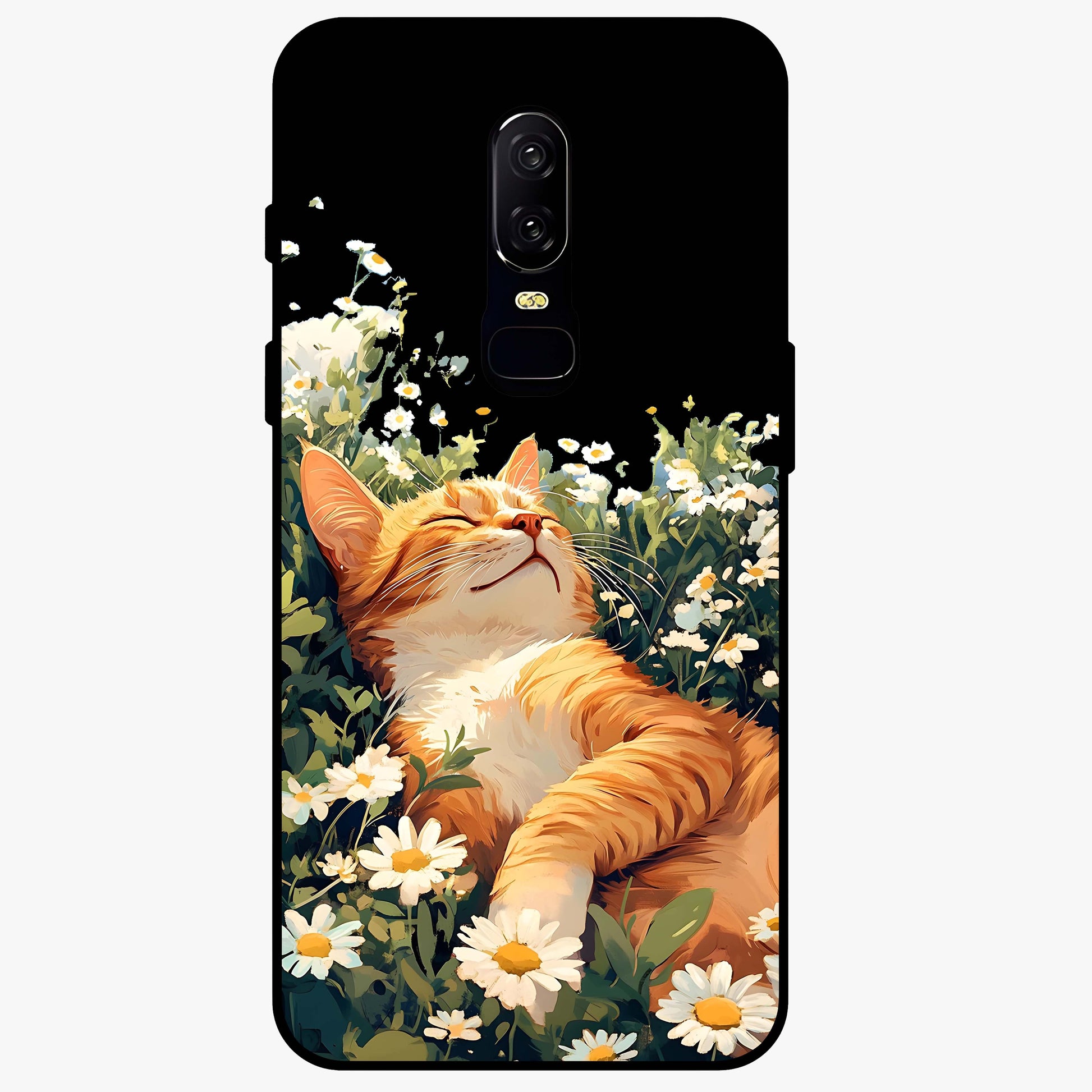 Blissful Bloom Cat Glass Case showing flat back view with cute cat and floral bloom artwork and glossy glass finish.