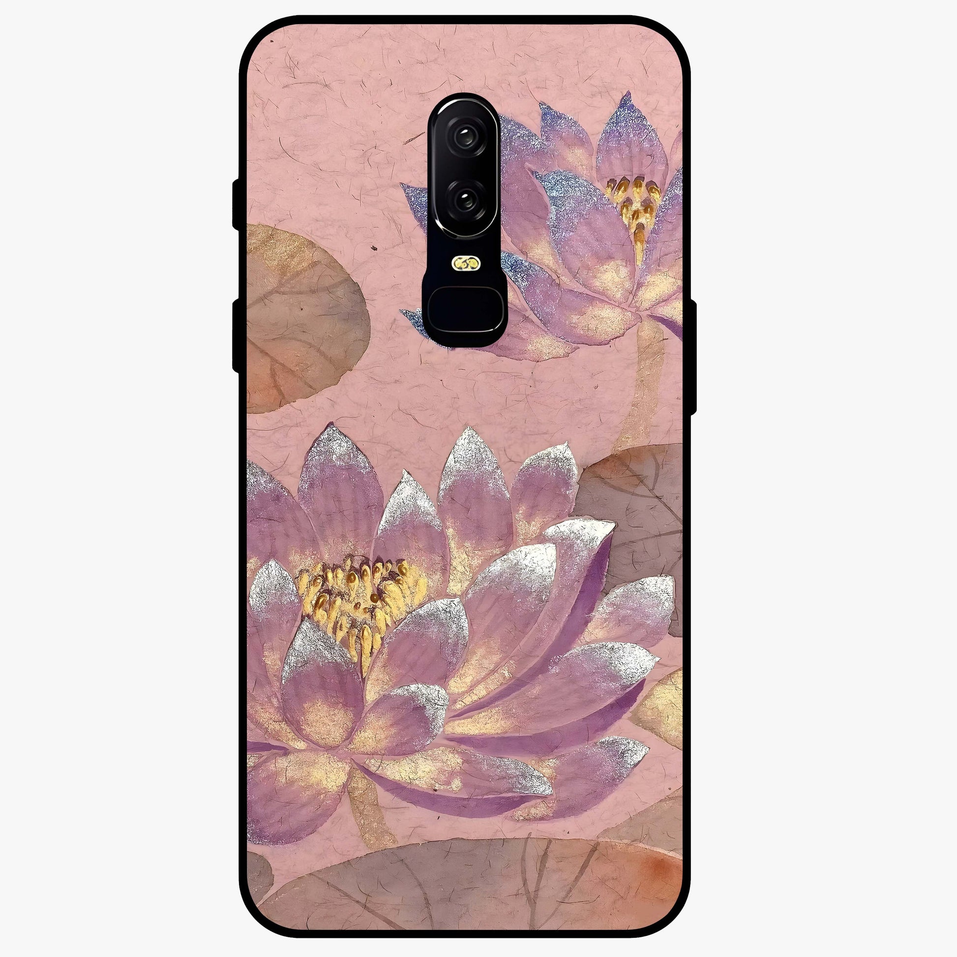 Blossom Mist Lotus Glass Case showing flat back view with serene lotus blossom artwork and glossy glass finish.