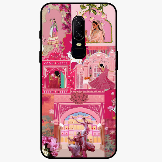 Blossoms of Rajasthan Glass Case showing flat back view with traditional floral artwork inspired by Rajasthan and glossy glass finish.