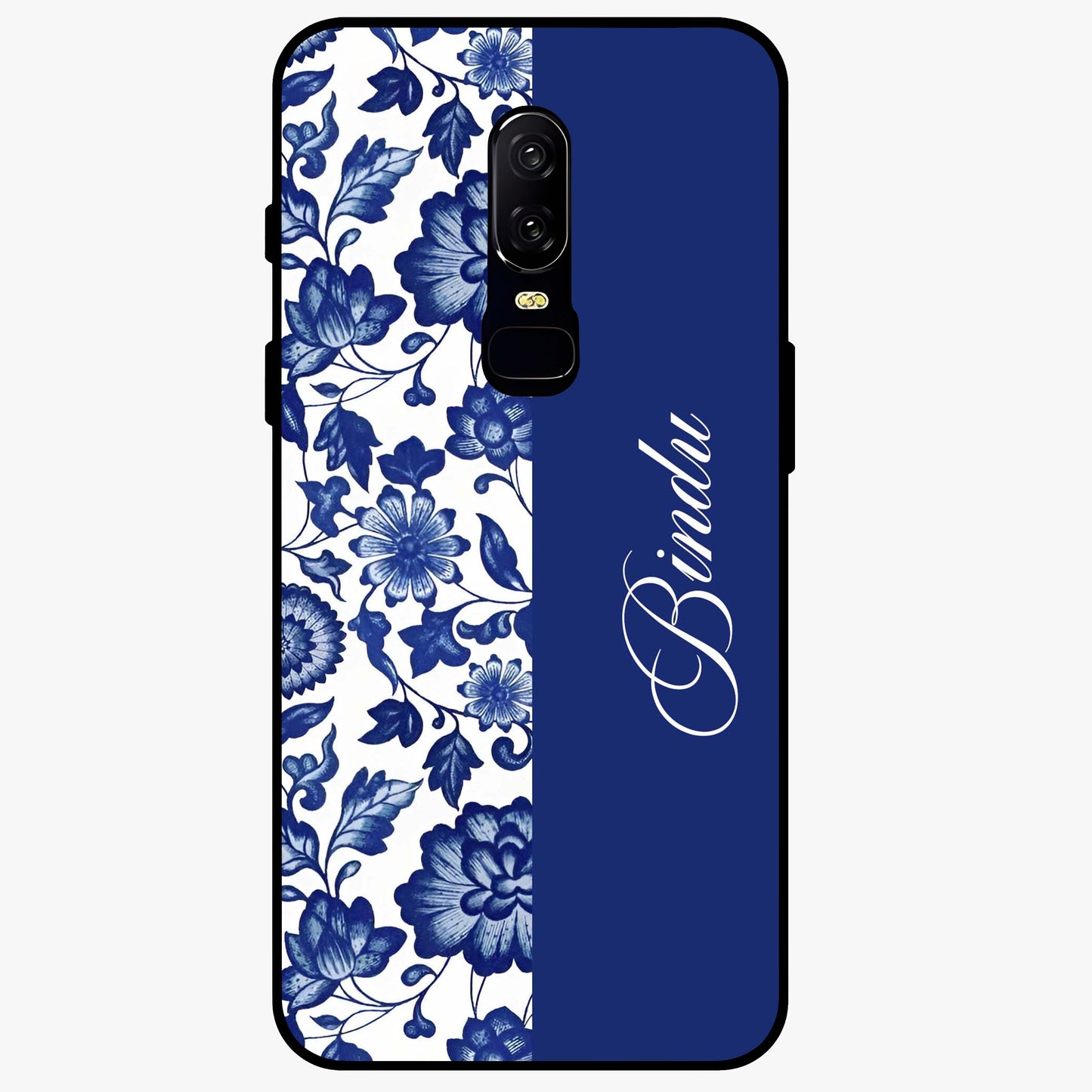 Blue Vintage Floral Pattern Glass Case upright view showcasing timeless floral illustration with vintage inspired style.