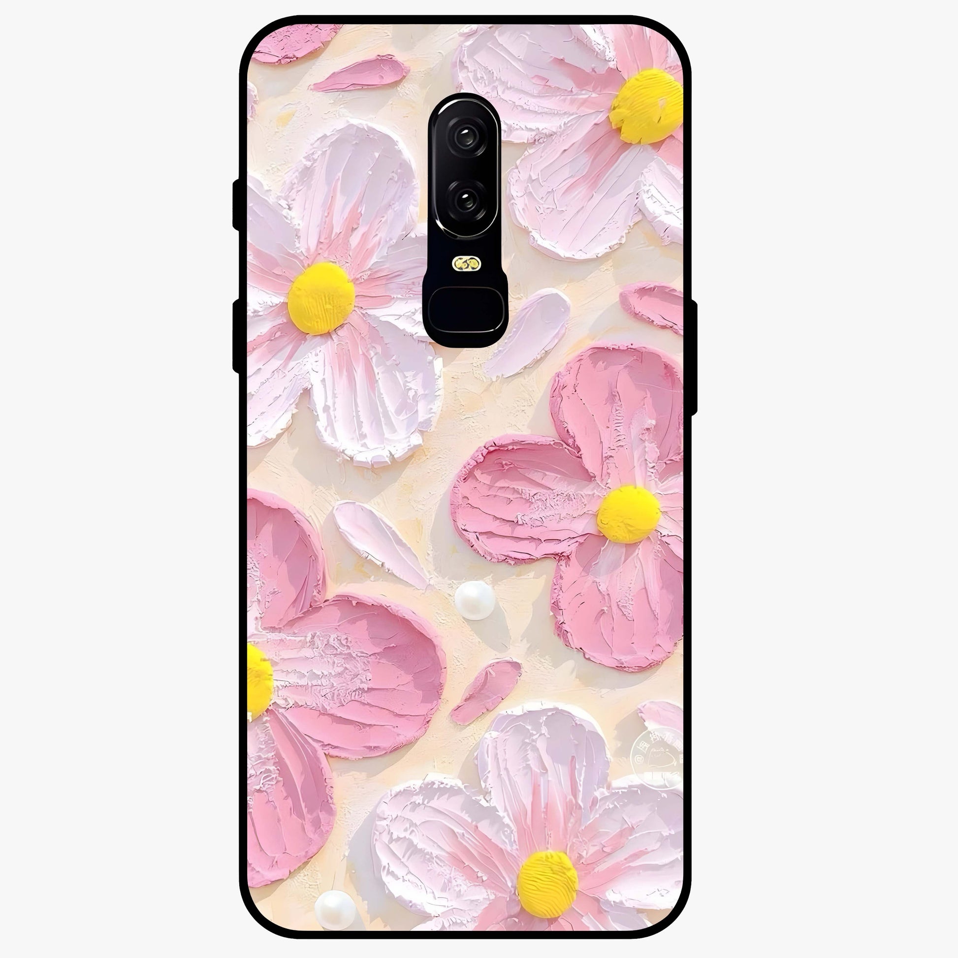 Blush Bloom Texture Glass Case showing flat back view with soft blush floral texture artwork and glossy glass finish.