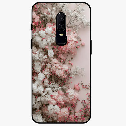 Blush Blossom Cloud Glass Case showing flat back view with dreamy blush cloud blossom artwork and glossy glass finish.