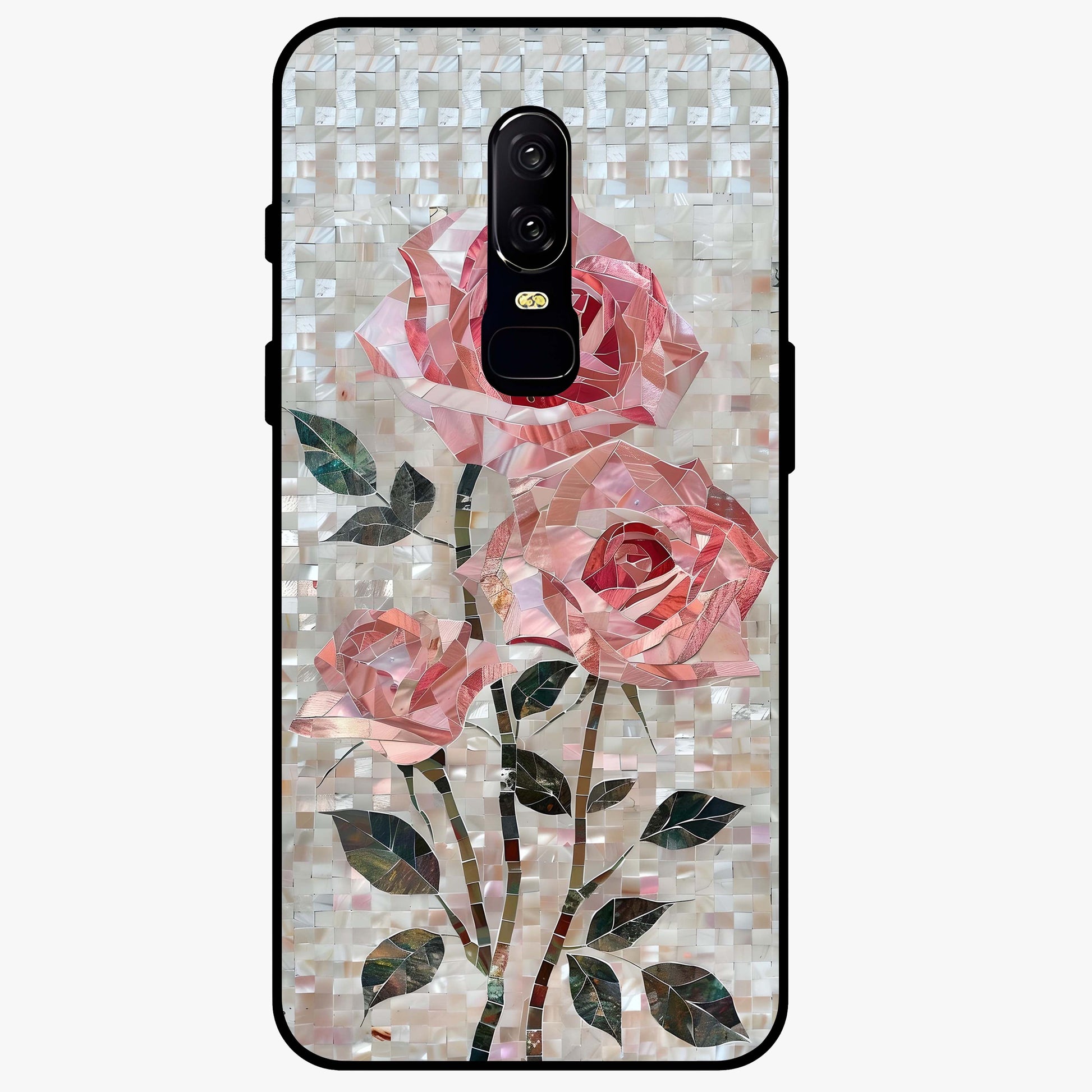 Blush Mosaic Bloom Glass Case showing flat back view with mosaic floral bloom artwork and glossy glass finish.