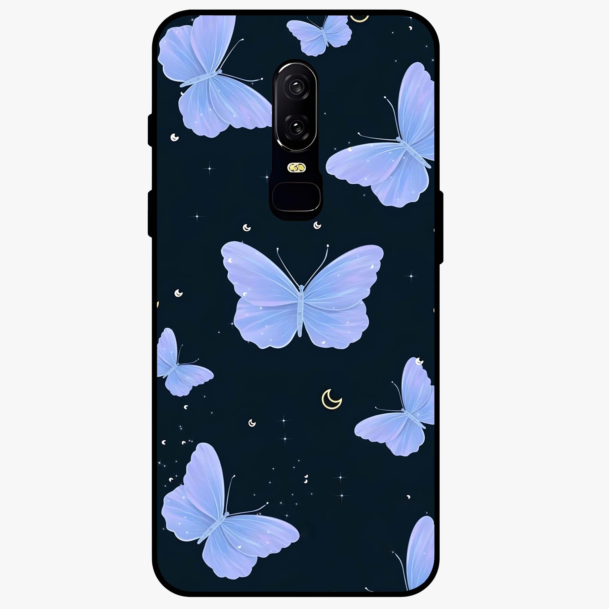 Butterfly With Stars Pattern Glass Case showing flat back view with butterfly and star pattern artwork and glossy glass finish.