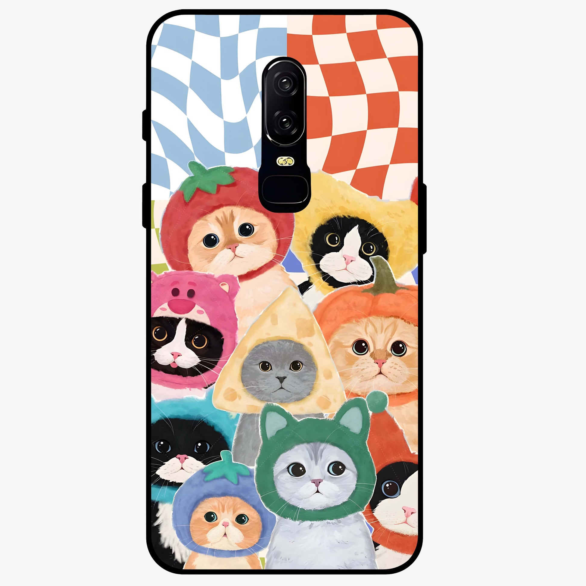 Cats in Fruits Glass Case showing flat back view with playful cat illustrations inside fruit artwork and glossy glass finish.