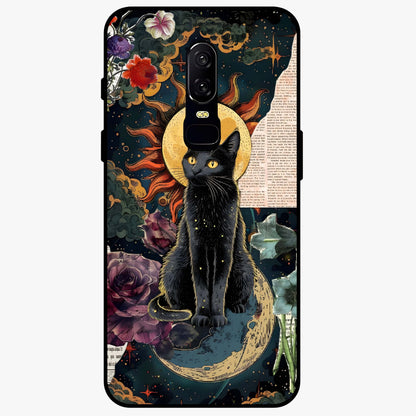 Celestial Black Cat Glass Case showing flat back view with mystical black cat artwork and glossy glass finish.