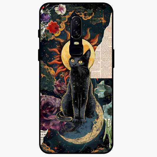 Celestial Black Cat Glass Case showing flat back view with mystical black cat artwork and glossy glass finish.