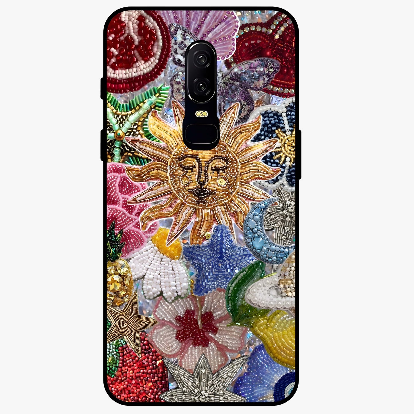 Celestial Floral and Playful Glass Case showing flat back view with floral and celestial themed artwork and glossy glass finish.