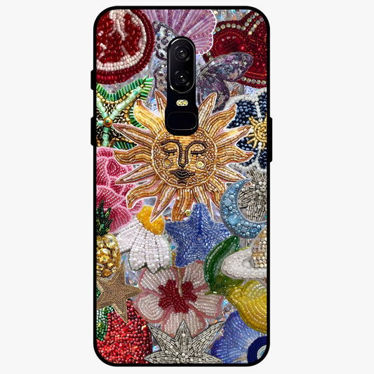 Celestial Floral and Playful Glass Case showing flat back view with floral and celestial themed artwork and glossy glass finish.