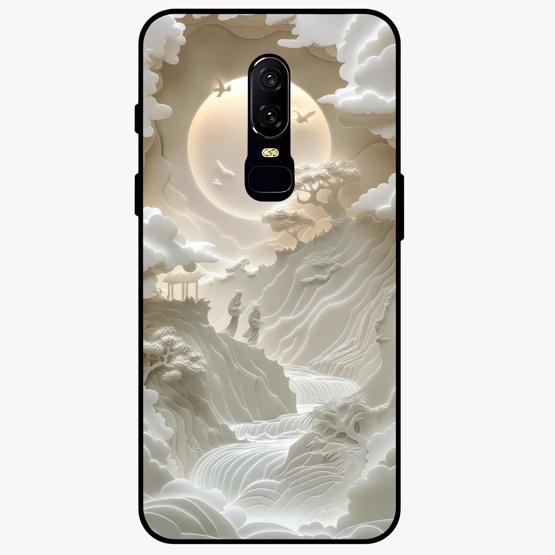 Celestial Origami Glass Case showing flat back view with artistic origami inspired celestial artwork and glossy glass finish.