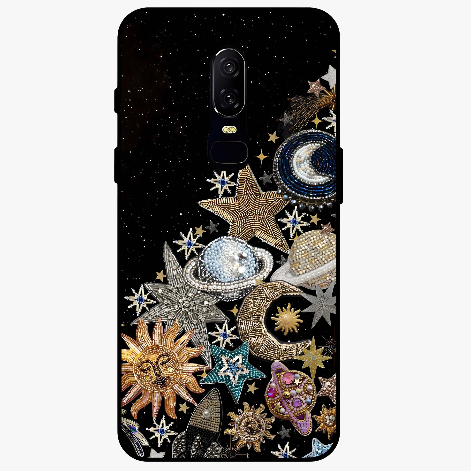 Cosmic Sparkle Dreams Glass Case showing flat back view with sparkling cosmic artwork and glossy glass finish.