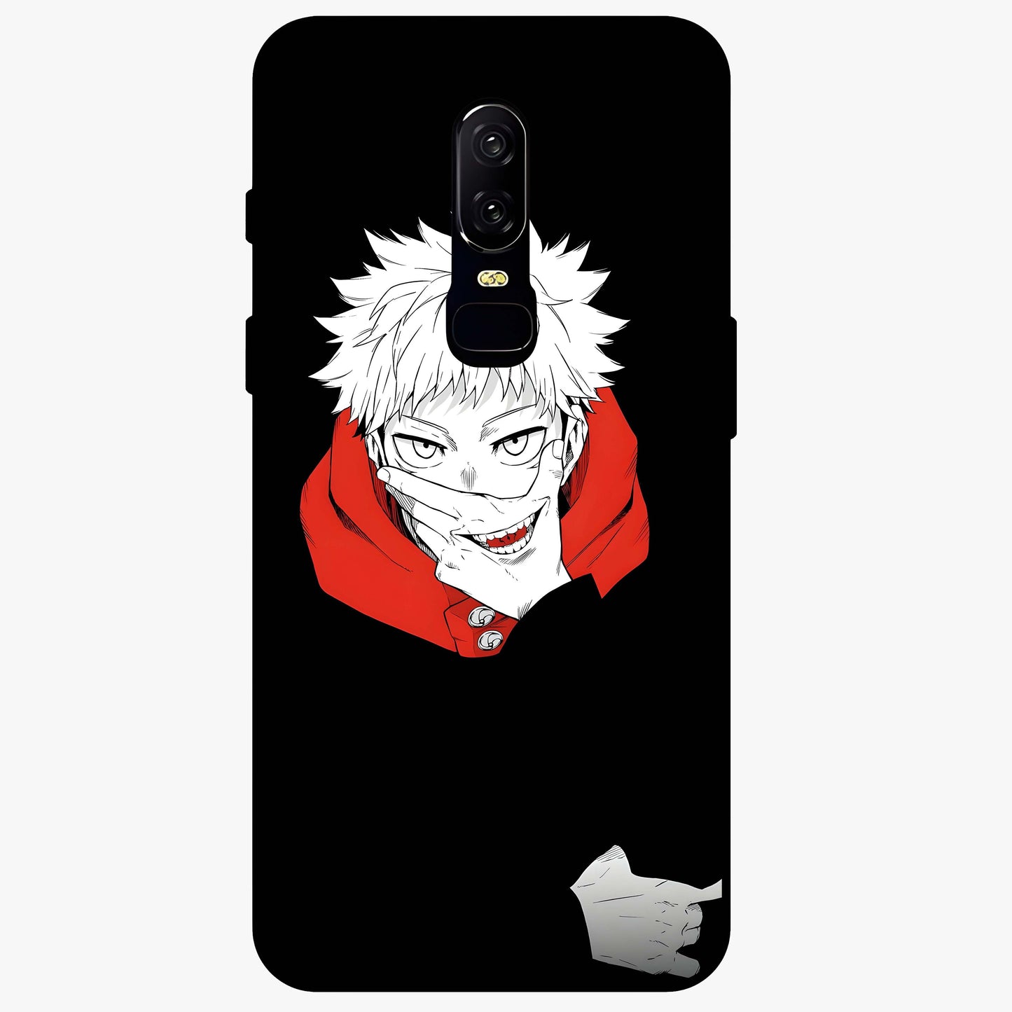 Crimson Chaos Smile Glass Case showing flat back view with bold chaotic smile artwork and glossy glass finish.
