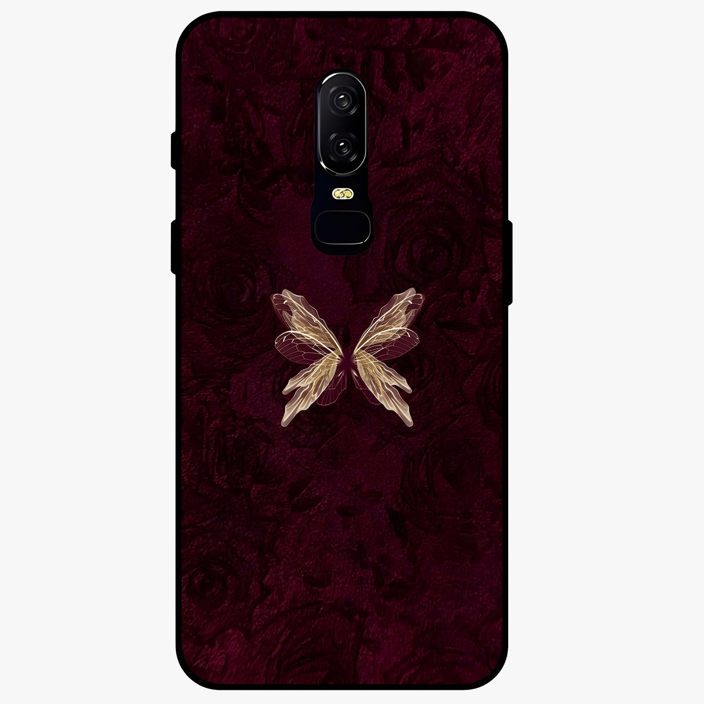Crimson Fade Butterfly Glass Case showing flat back view with fading butterfly artwork and glossy glass finish.