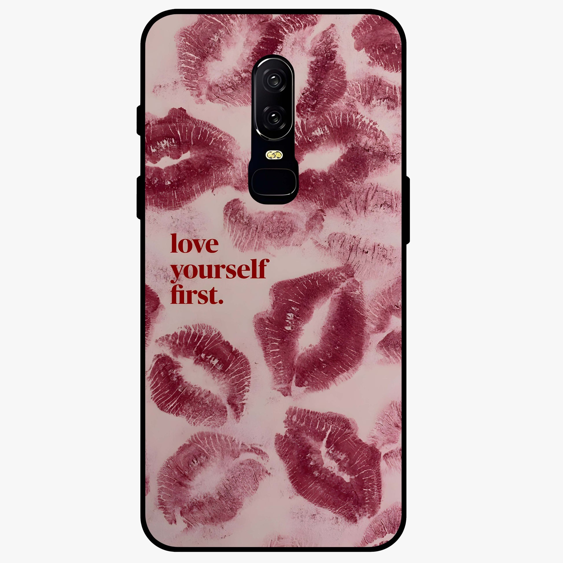 Crimson Kiss Love Glass Case showing flat back view with romantic crimson themed artwork and glossy glass finish.