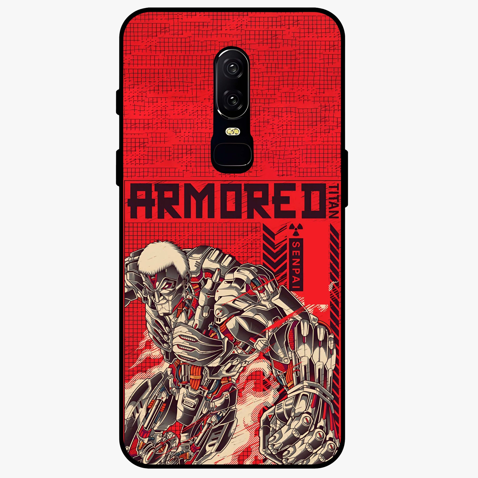 Crimson Mecha Titan Glass Case showing flat back view with powerful mech titan artwork and glossy glass finish.