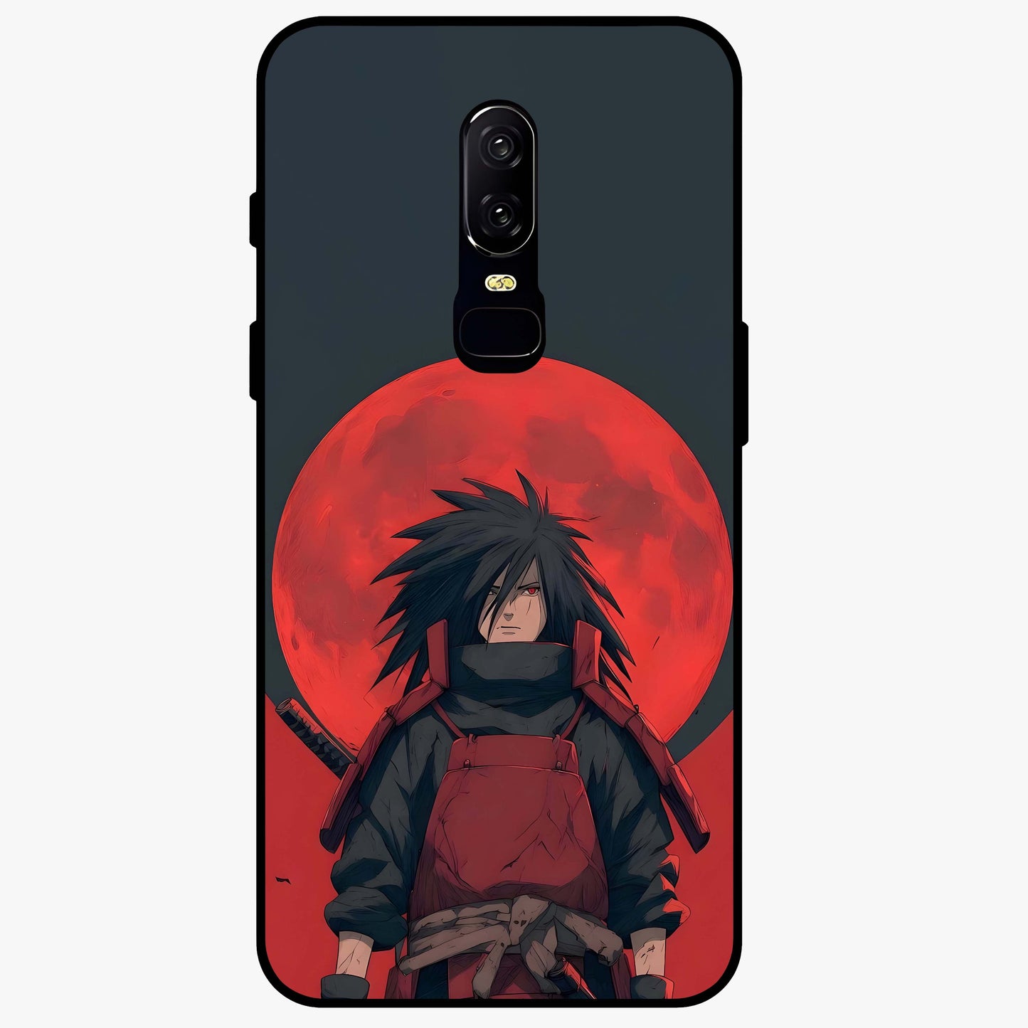 Crimson Moon Warlord Glass Case showing flat back view with mystical moon warrior artwork and glossy glass finish.